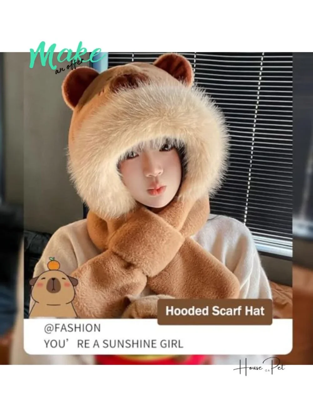 Plush Capybara Hooded Scarf Hat 2-in-1 Faux Fur Bear Ears Winter Warm